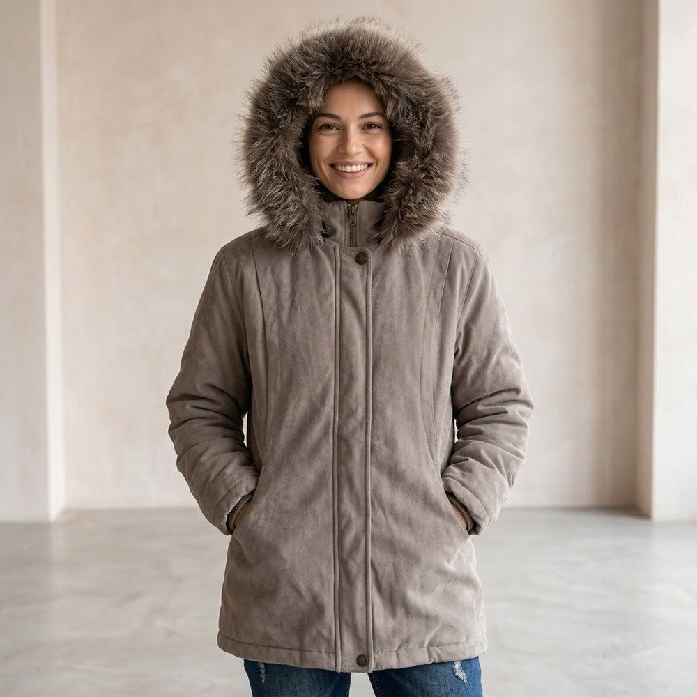Vtg John’s Bay M Parka Coat Faux Suede Fox Fur Trim Hood Taupe Brown Thermolite